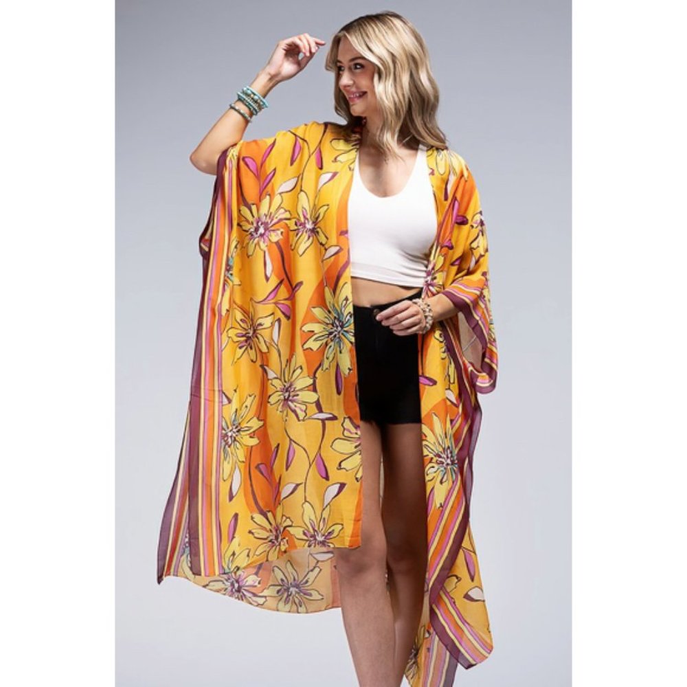 Sunrise Vibrant Floral Print & Stripe Border Open Kimono Wrap Coverup Top